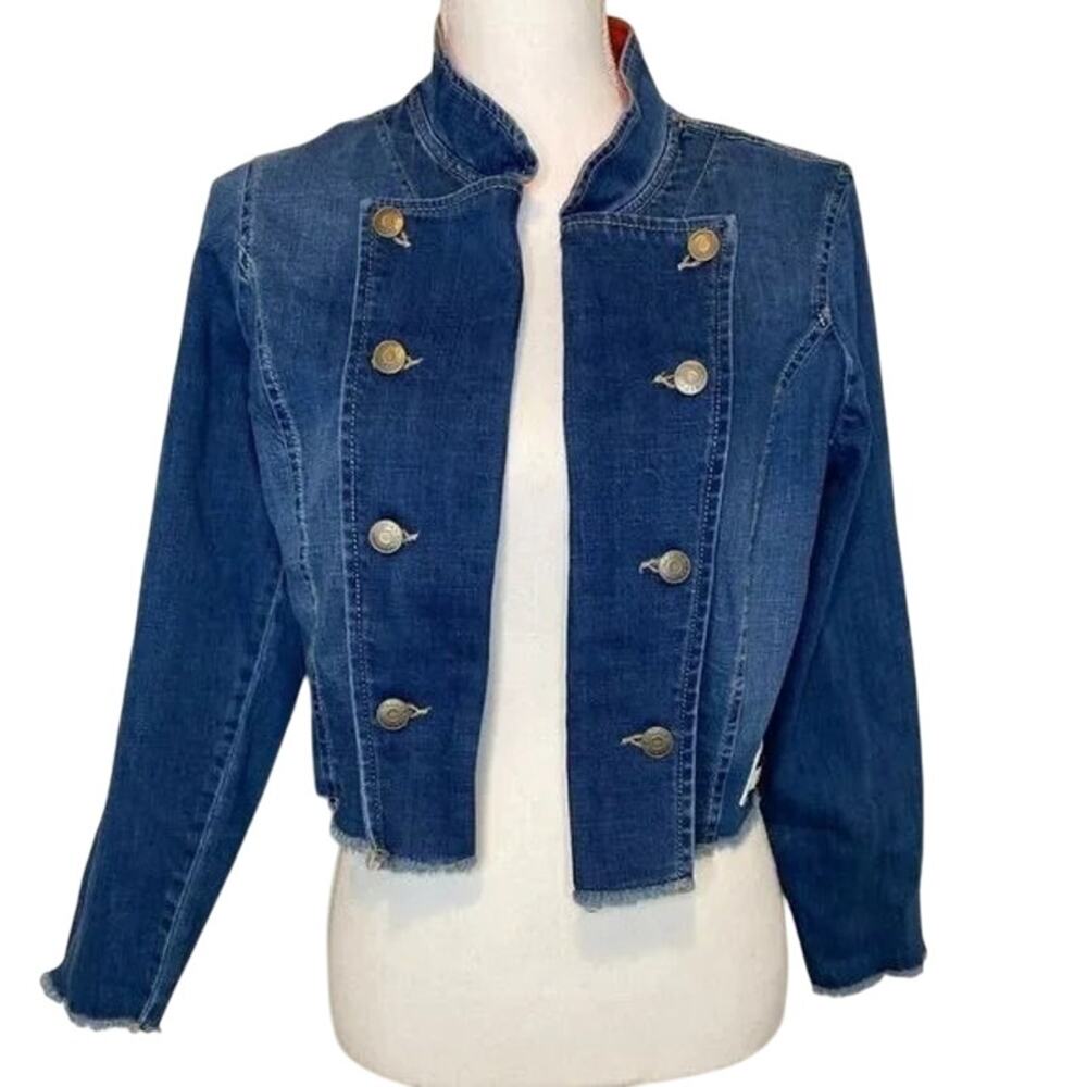 Tommy Hilfiger Blue Denim Jean Jacket Cropped Military Frayed Hem